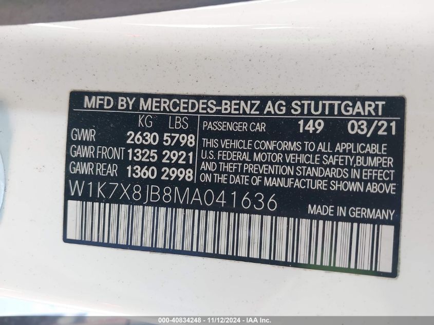 2021 Mercedes-Benz Amg Gt 63 4-Door Coupe VIN: W1K7X8JB8MA041636 Lot: 40834248