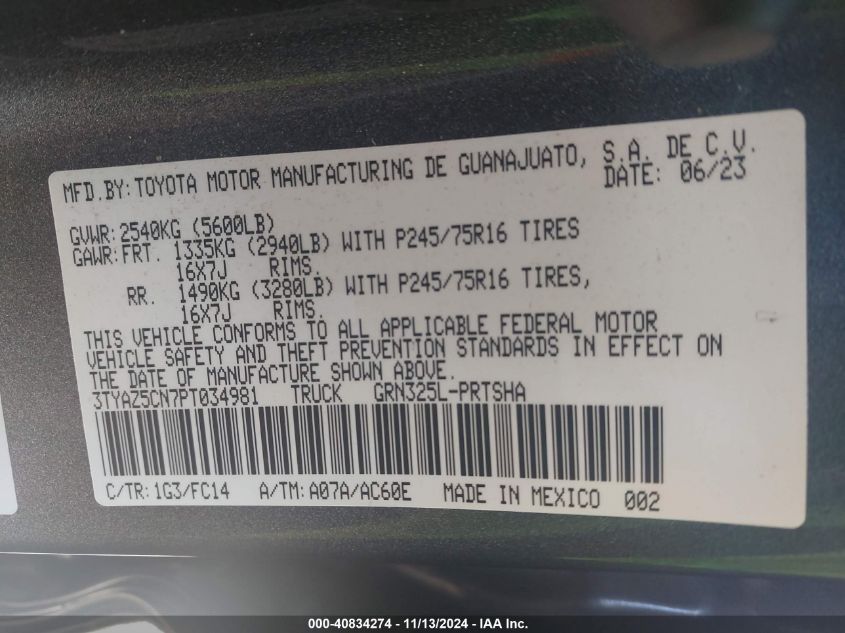 VIN 3TYAZ5CN7PT034981 2023 TOYOTA TACOMA SR5 V6