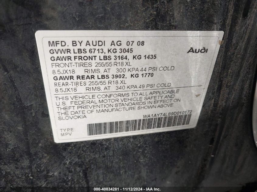 2009 AUDI Q7 PREMIUM PLUS QUAT VIN: WA1AY74L89D010172