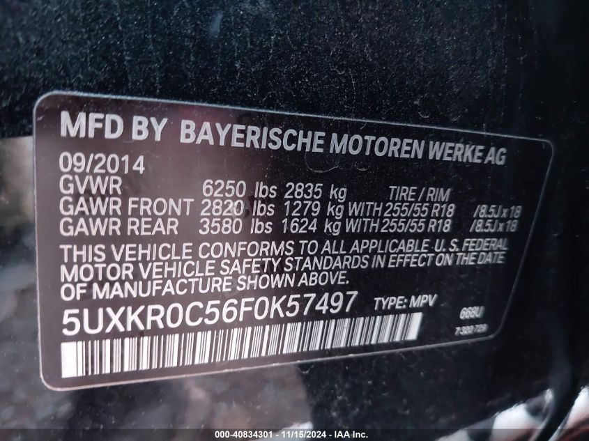 2015 BMW X5 xDrive35I VIN: 5UXKR0C56F0K57497 Lot: 40834301