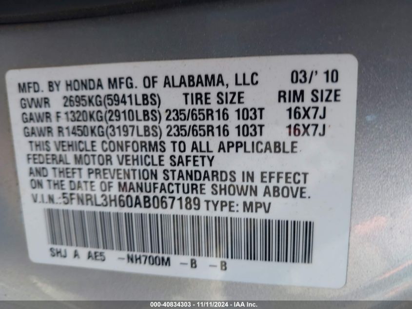 2010 Honda Odyssey Ex-L VIN: 5FNRL3H60AB067189 Lot: 40834303