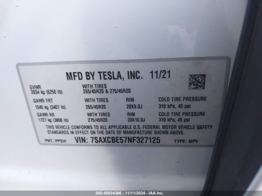 2022 Tesla Model X Dual Motor All-Wheel Drive VIN: 7SAXCBE57NF327125 Lot: 40834366