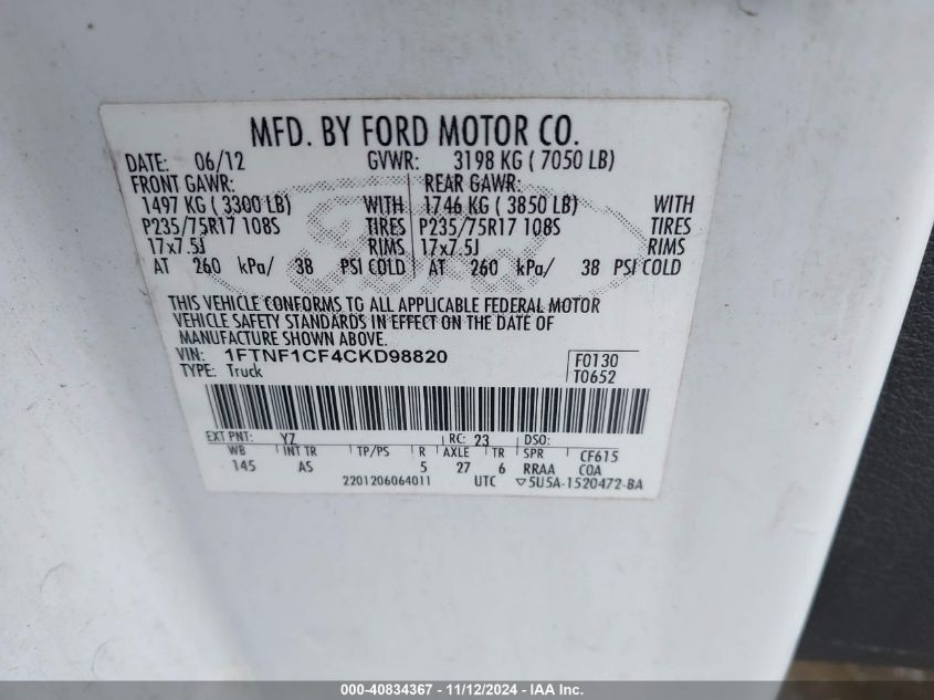 2012 Ford F-150 Xl VIN: 1FTNF1CF4CKD98820 Lot: 40834367