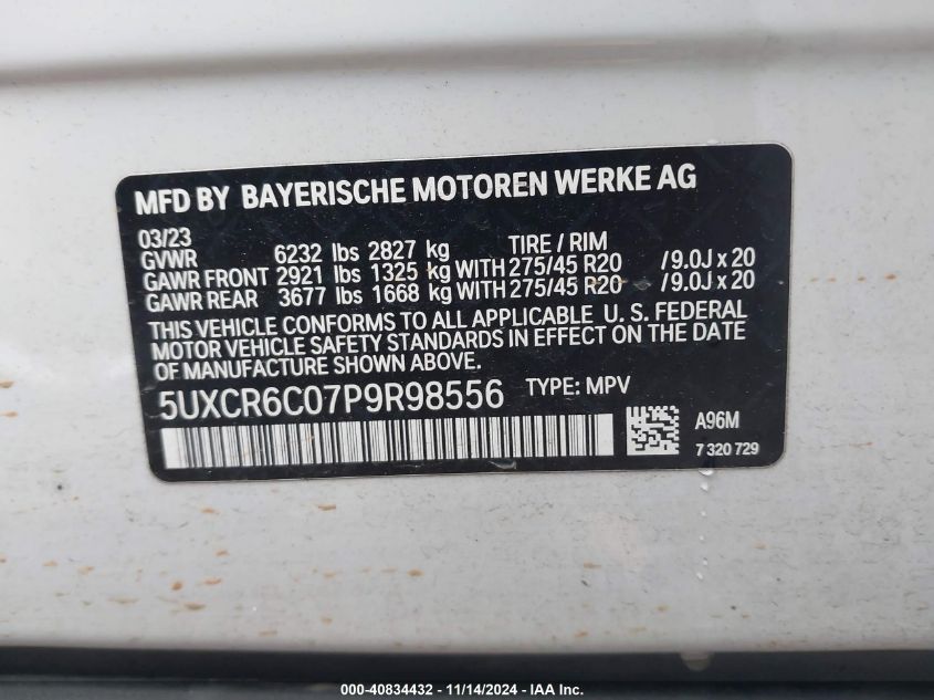 2023 BMW X5 xDrive40I VIN: 5UXCR6C07P9R98556 Lot: 40834432