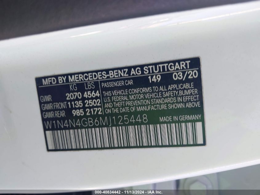 2021 Mercedes-Benz Gla 250 VIN: W1N4N4GB6MJ125448 Lot: 40834442