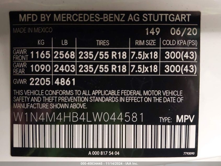 2020 Mercedes-Benz Glb 250 4Matic VIN: W1N4M4HB4LW044581 Lot: 40834445