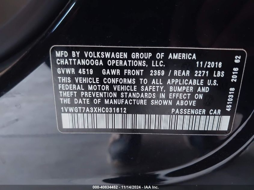 2017 VOLKSWAGEN PASSAT 1.8T SE - 1VWGT7A3XHC031612