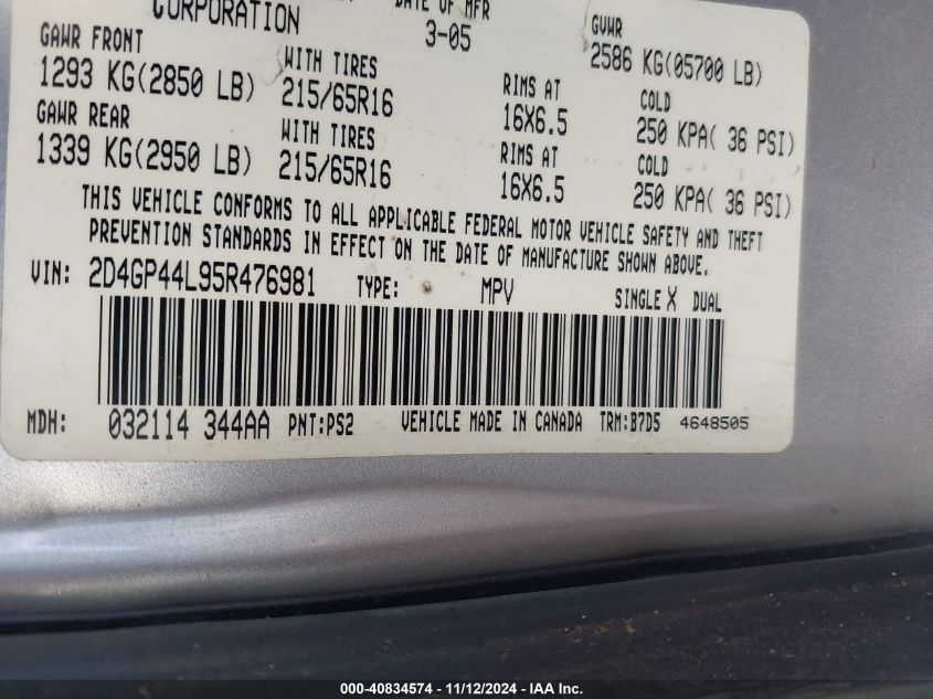 2005 Dodge Grand Caravan Sxt VIN: 2D4GP44L95R476981 Lot: 40834574