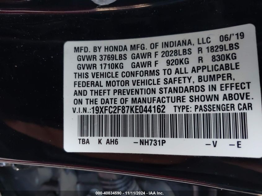 2019 Honda Civic Sport VIN: 19XFC2F87KE044162 Lot: 40834590