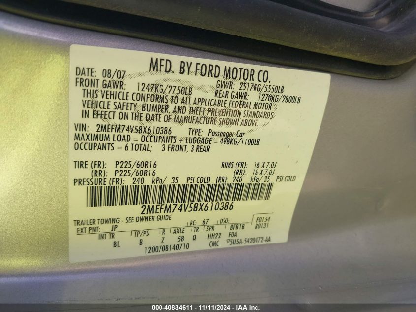 2008 Mercury Grand Marquis Gs VIN: 2MEFM74V58X610386 Lot: 40834611