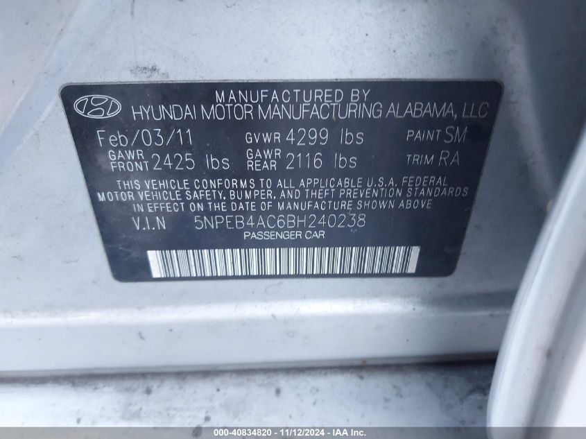 2011 Hyundai Sonata Gls VIN: 5NPEB4AC6BH240238 Lot: 40834820