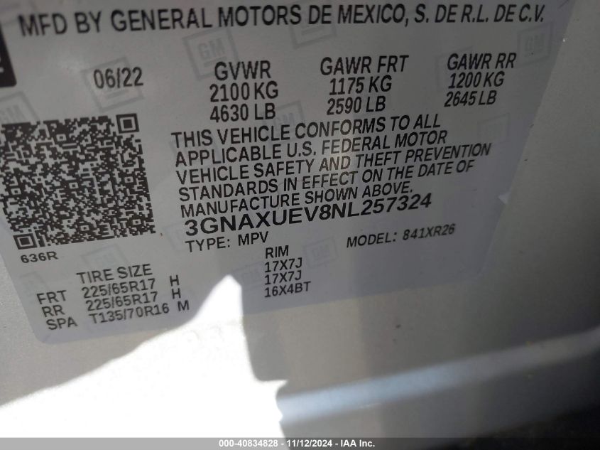 2022 Chevrolet Equinox Awd Lt VIN: 3GNAXUEV8NL257324 Lot: 40834828