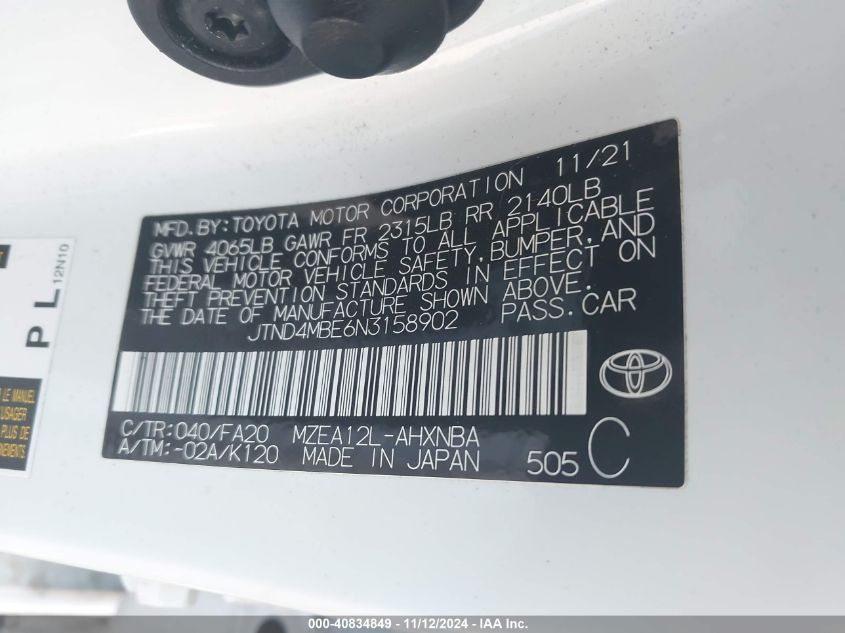 2022 Toyota Corolla Se VIN: JTND4MBE6N3158902 Lot: 40834849