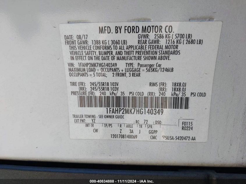 2017 Ford Police Interceptor VIN: 1FAHP2MK7HG140349 Lot: 40834888