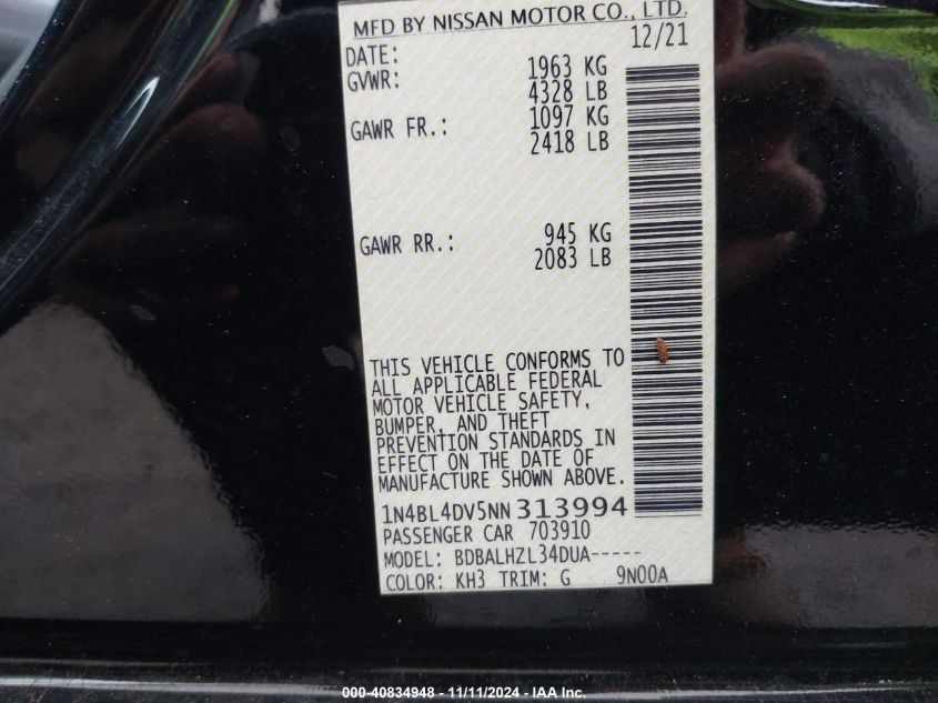 2022 Nissan Altima Sv Fwd VIN: 1N4BL4DV5NN313994 Lot: 40834948