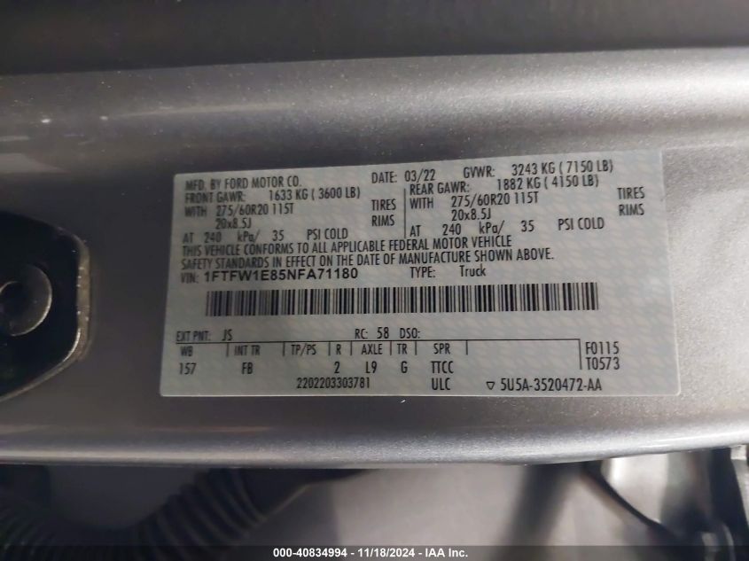 2022 FORD F-150 VIN: 1FTFW1E85NFA71180