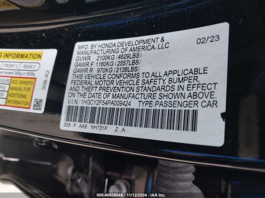 2023 Honda Accord Hybrid Sport VIN: 1HGCY2F54PA009424 Lot: 40835045