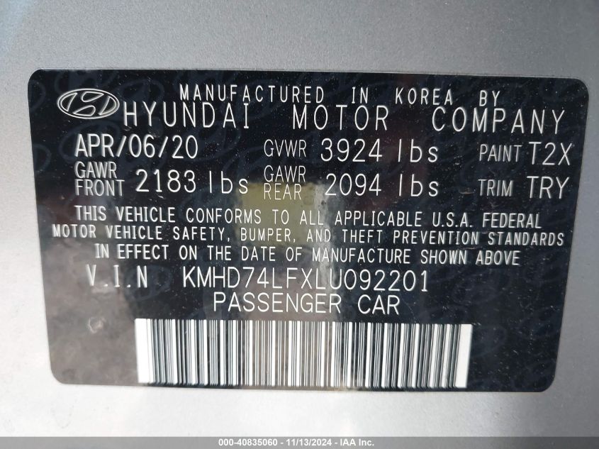 2020 Hyundai Elantra Se VIN: KMHD74LFXLU092201 Lot: 40835060