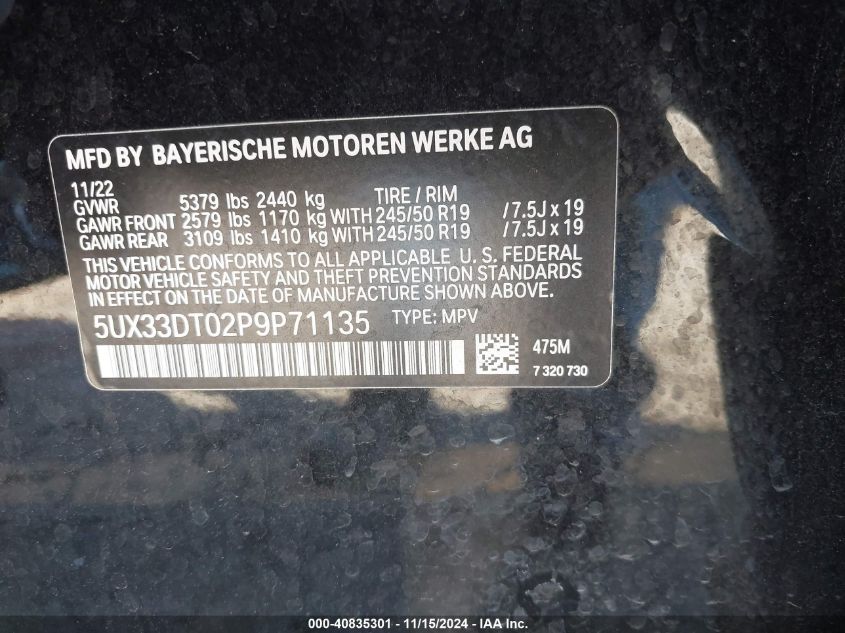 2023 BMW X4 xDrive30I VIN: 5UX33DT02P9P71135 Lot: 40835301