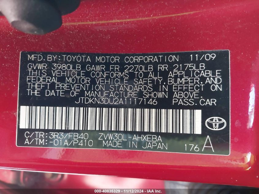 2010 Toyota Prius Ii VIN: JTDKN3DU2A1117146 Lot: 40835329