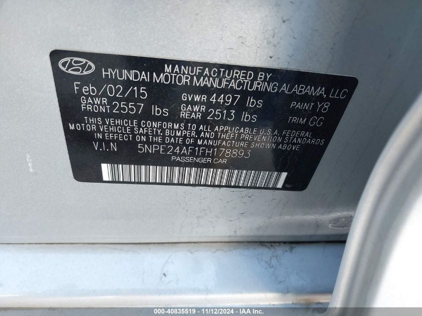 2015 Hyundai Sonata Se VIN: 5NPE24AF1FH178893 Lot: 40835519