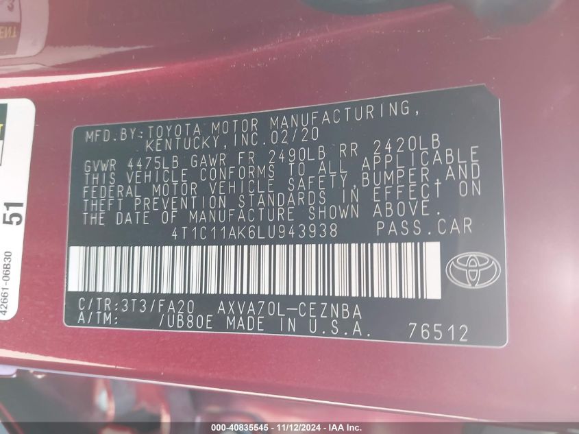 2020 TOYOTA CAMRY VIN: 4T1C11AK6LU943938
