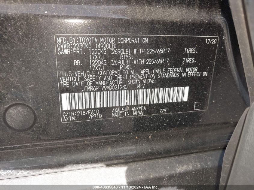 2021 TOYOTA RAV4 HYBRID XLE - JTMR6RFV9MD021280