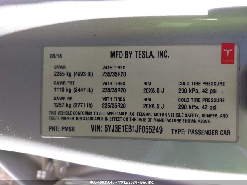 2018 TESLA MODEL 3 LONG RANGE/PERFORMANCE - 5YJ3E1EB1JF055249