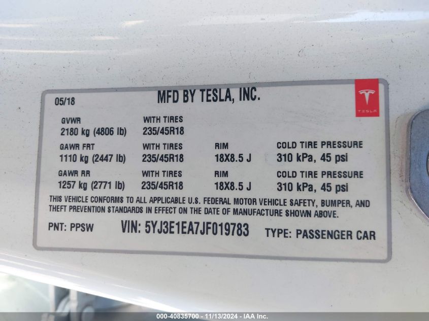 2018 TESLA MODEL 3 LONG RANGE/MID RANGE - 5YJ3E1EA7JF019783