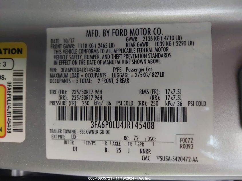 2018 Ford Fusion Hybrid Se VIN: 3FA6P0LU4JR145408 Lot: 40835721