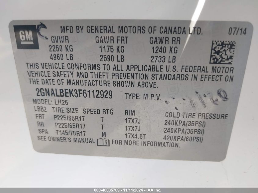 2015 Chevrolet Equinox Lt VIN: 2GNALBEK3F6112929 Lot: 40835769