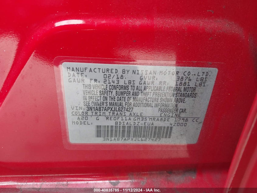 2018 NISSAN SENTRA VIN: 3N1AB7APXJL627427