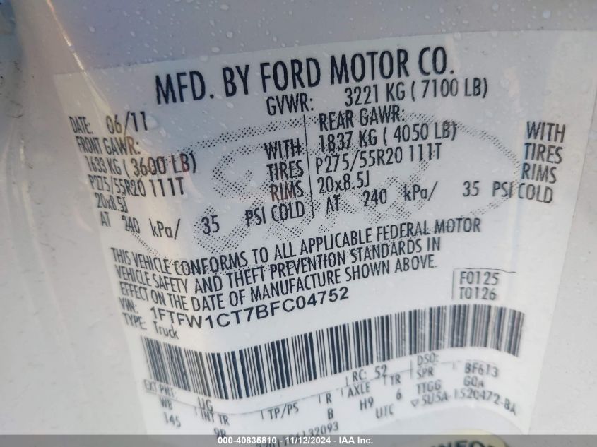 2011 Ford F-150 Platinum VIN: 1FTFW1CT7BFC04752 Lot: 41745272