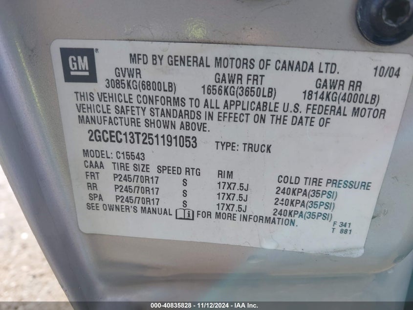 2005 Chevrolet Silverado 1500 Ls VIN: 2GCEC13T251191053 Lot: 40835828