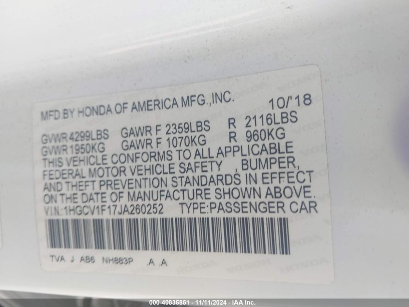 2018 HONDA ACCORD VIN: 1HGCV1F17JA260252