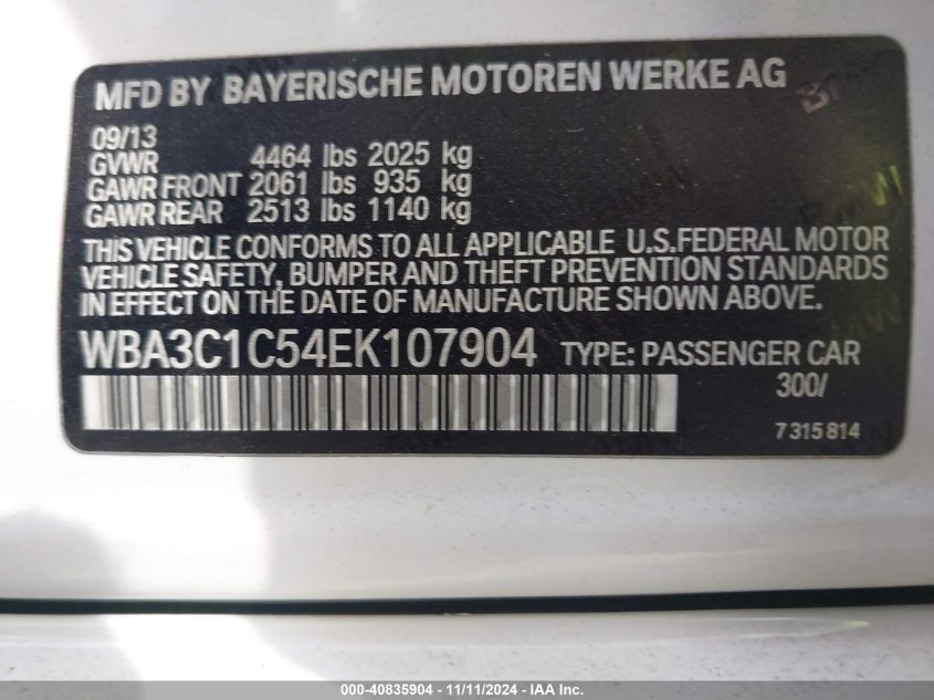 2014 BMW 328I VIN: WBA3C1C54EK107904 Lot: 40835904