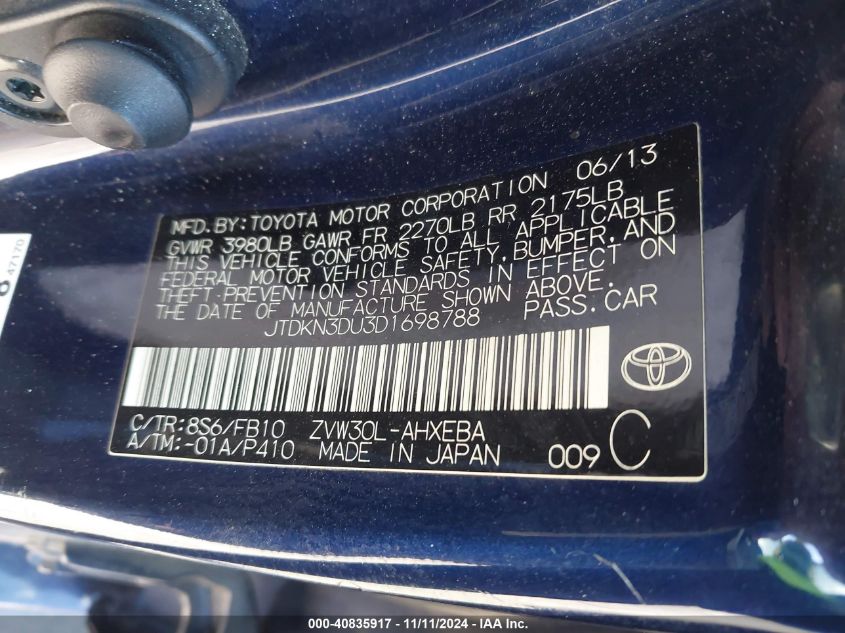 2013 Toyota Prius Two VIN: JTDKN3DU3D1698788 Lot: 40835917