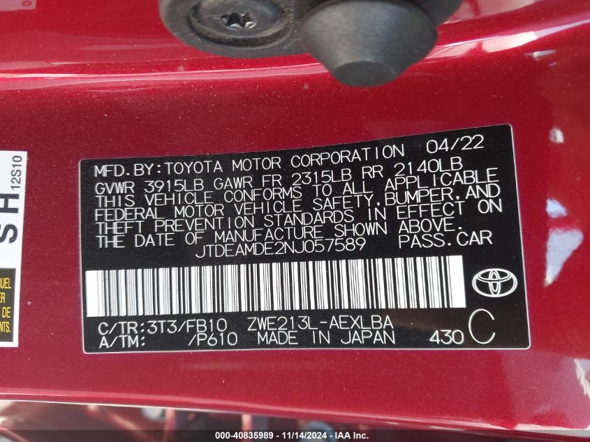 2022 Toyota Corolla Hybrid Le VIN: JTDEAMDE2NJ057589 Lot: 40835989