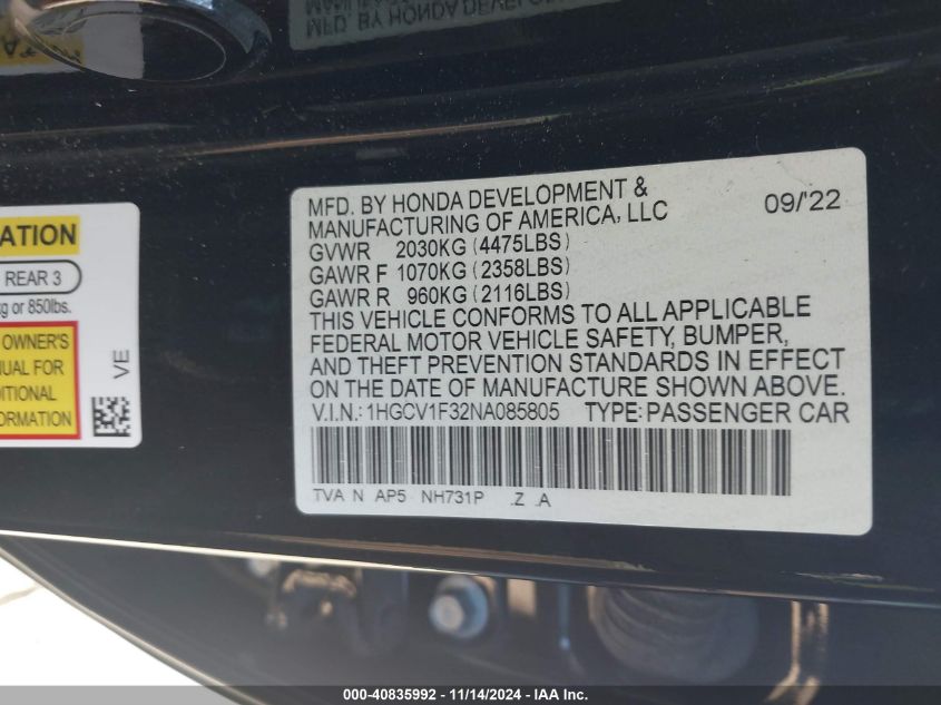 VIN 1HGCV1F32NA085805 2022 HONDA ACCORD SPORT