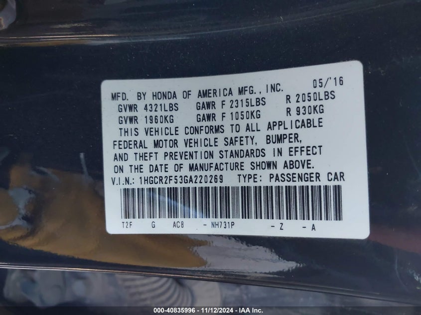 2016 HONDA ACCORD VIN: 1HGCR2F53GA220269
