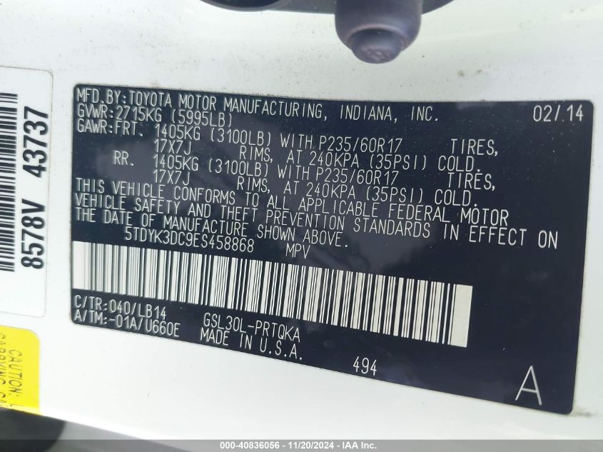 VIN 5TDYK3DC9ES458868 2014 Toyota Sienna, Xle/Limited no.9