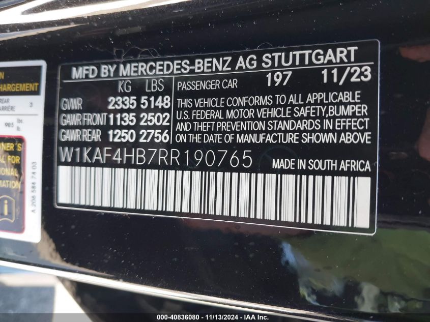 2024 Mercedes-Benz C 300 VIN: W1KAF4HB7RR190765 Lot: 40836080