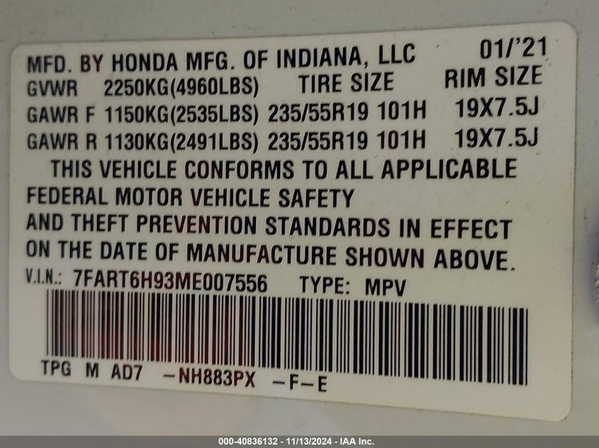 2021 Honda Cr-V Hybrid Touring VIN: 7FART6H93ME007556 Lot: 40836132