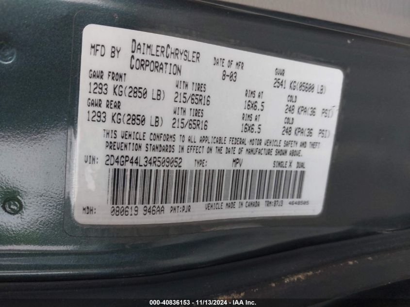 2004 Dodge Grand Caravan Sxt VIN: 2D4GP44L34R509052 Lot: 40836153