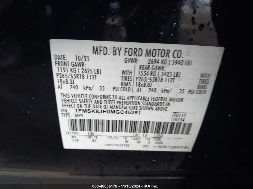 2021 Ford Explorer Timberline VIN: 1FMSK8JH0MGC45251 Lot: 40836178