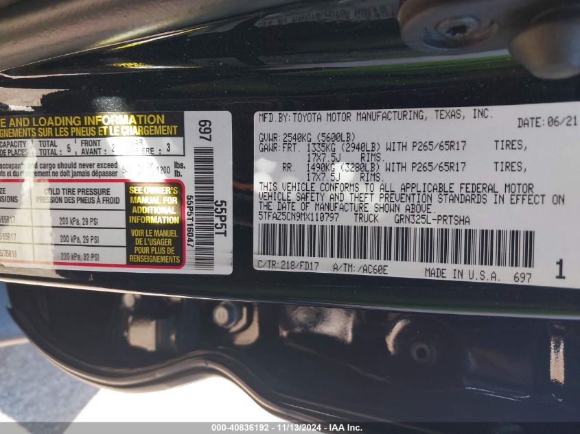 2021 Toyota Tacoma Trd Sport VIN: 5TFAZ5CN9MX110797 Lot: 42098497