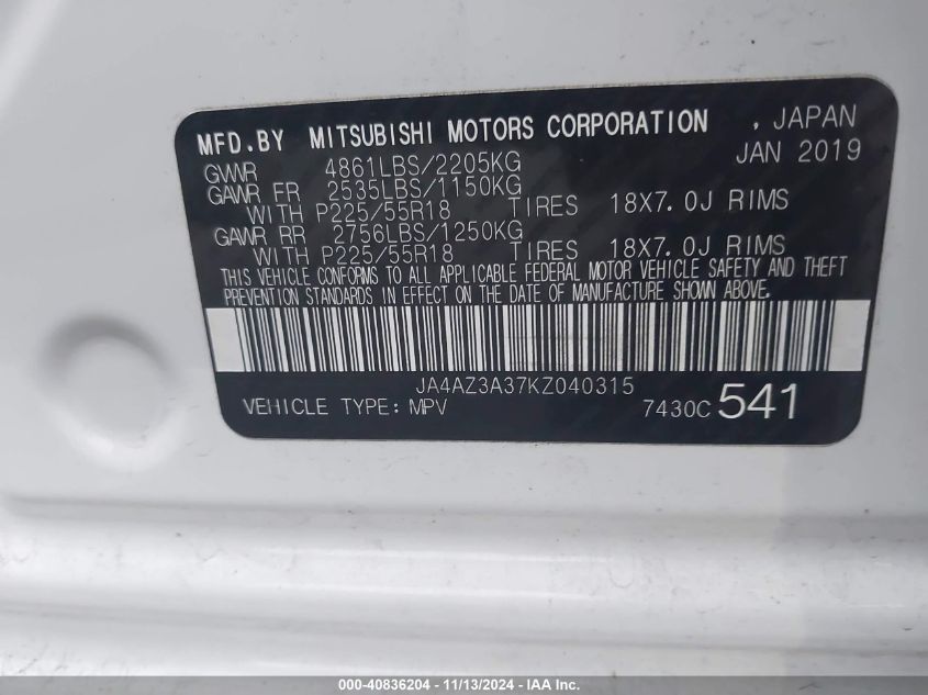 2019 Mitsubishi Outlander Sel VIN: JA4AZ3A37KZ040315 Lot: 40836204