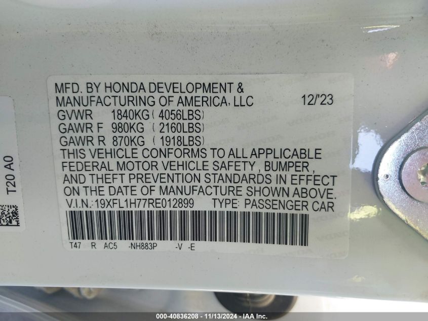 VIN 19XFL1H77RE012899 2024 Honda Civic, Ex-L no.9