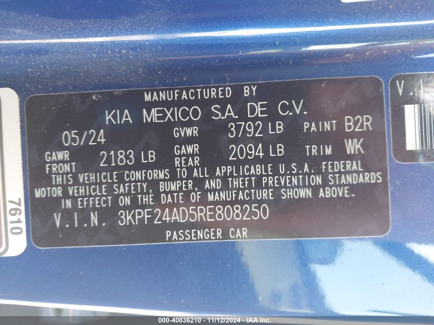 2024 Kia Forte Lxs VIN: 3KPF24AD5RE808250 Lot: 40836210