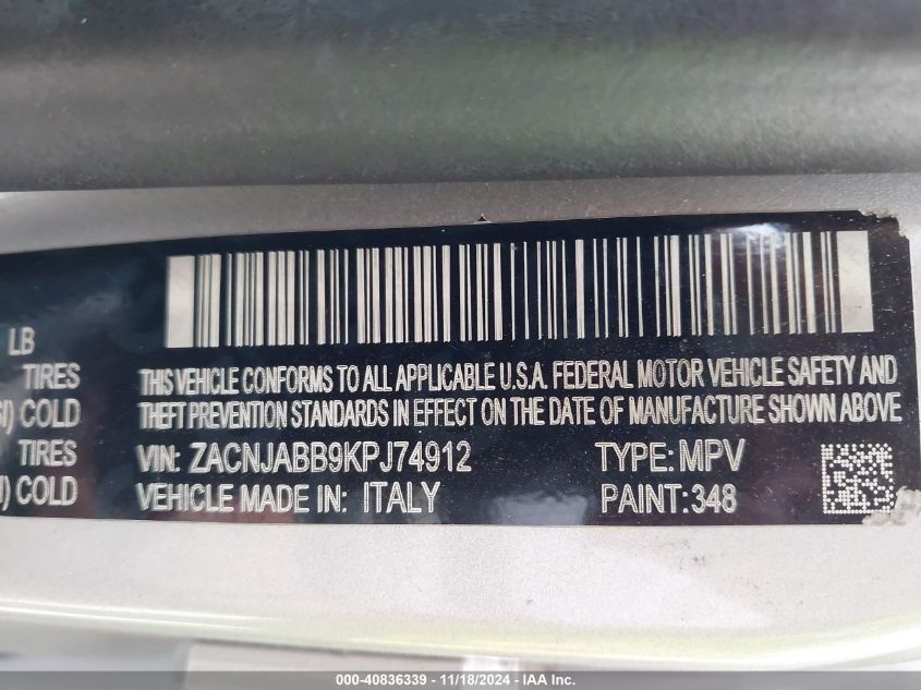 2019 Jeep Renegade Latitude Fwd VIN: ZACNJABB9KPJ74912 Lot: 40836339